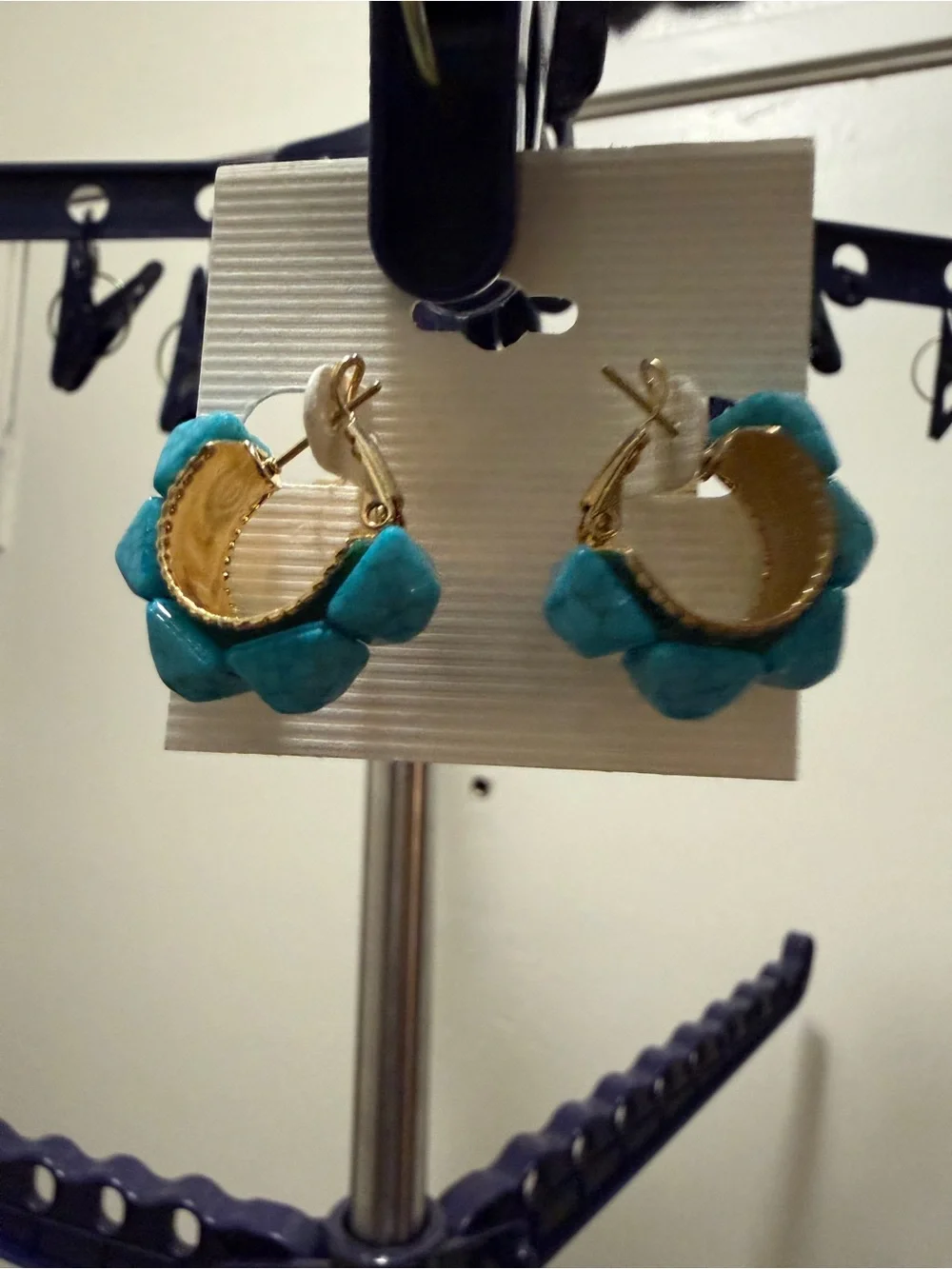 Gold Hoop Earrings with Turquoise Bead Detail - Women Jewelry